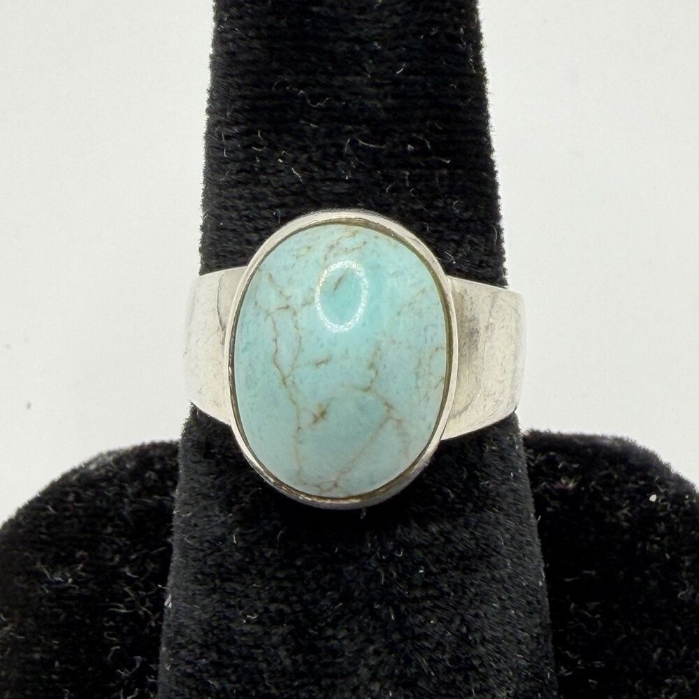 925 Sterling Silver Oval Turquoise Wide Band Statement Ring Size 6.5 6.2g